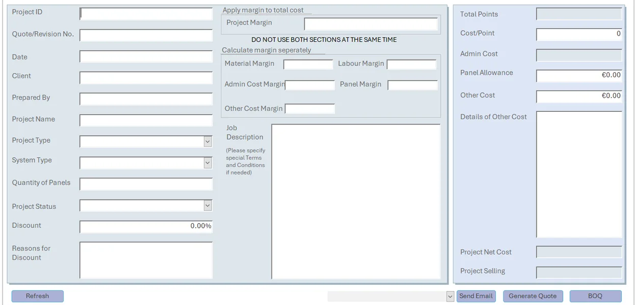 Anonymised Microsoft Access pricing review form showing overall margin and five separate category margin inputs